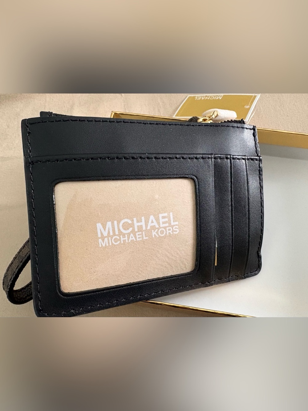 Michael Kors Black Patent Embossed MK Wristlet with Gold Hardware - Picture 3 of 4